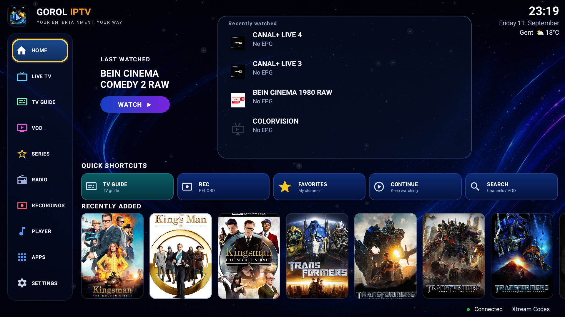The GOROL 2026 home screen: recently watched channels with their current programme, quick shortcuts and a row of recently added films.