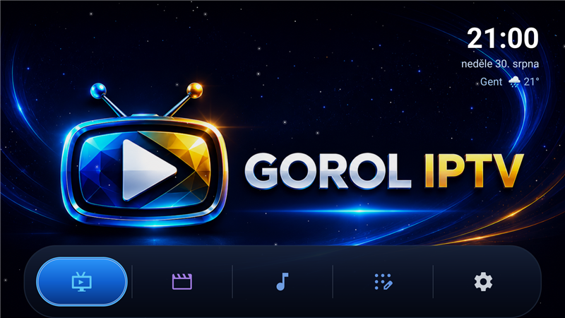 The classic menu: the GOROL IPTV logo across the screen, the clock, date and weather in the corner, and a row of round icons along the bottom.